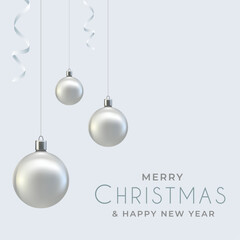 Merry Christmas Social Media Post with Hanging Balls. Elegant and Luxury Xmas post with ribbon and silver ornaments