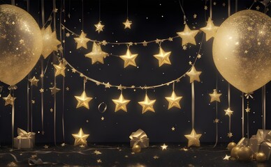 Festive background with golden balloons, stars and confetti on black