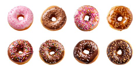 Collection of donuts isolated on a transparent background, cut out, top view