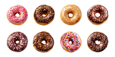 Collection of donuts isolated on a transparent background, cut out, top view