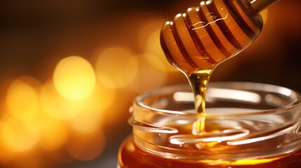 Honey dripper lifting from inside a glass jar close up view