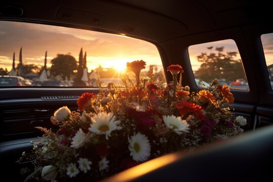 Beautiful flowers in a car at sunset. Concept of funeral.