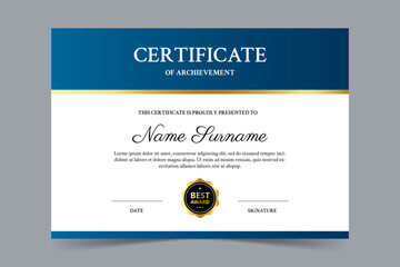 Modern elegant blue and gold certificate template. Appreciation for business and education. Vector illustration