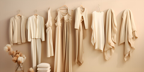 Clothes on grunge background shelf on cream background Collection of clothes hanging on a rack in neutral beige colors store and bedroom concept
