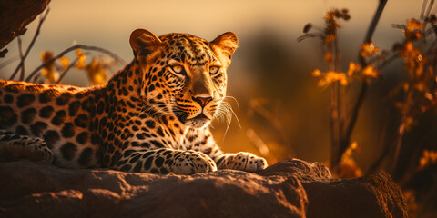 Leopard Perched on a Rocky Outcrop Wild Leopard Surveying the Landscape from a Rock  - obrazy, fototapety, plakaty