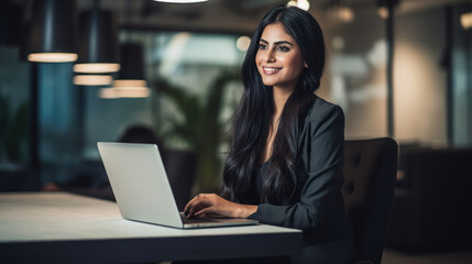 Young and successful corporate woman using laptop at office