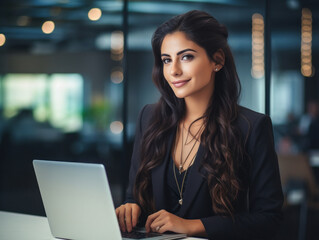 Young and successful corporate woman using laptop at office
