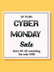 Cyber Monday Poster Banner with  on yellow background. Cyber Monday concept flat vector in retro style.