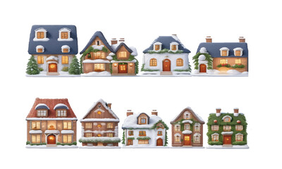 Set cute Christmas houses vector, European houses set, Created with AI