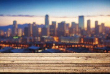 Fototapeta na wymiar Wood table with blurred evening cityscape