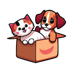 Cute dog and cute cat playing in a box cartoon