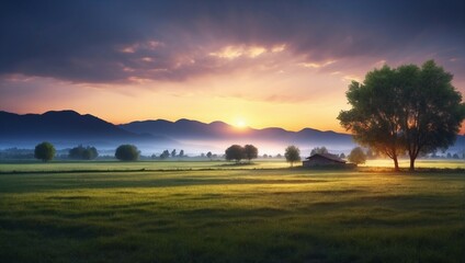 Fototapeta na wymiar Tranquil Sunrise over Lush Green Farmland and Dramatic Sky 