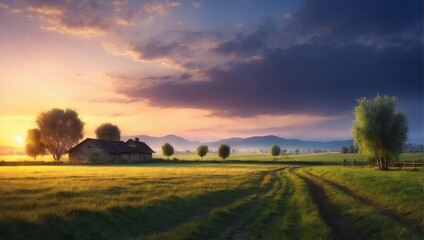Naklejka premium Tranquil Sunrise over Lush Green Farmland and Dramatic Sky 