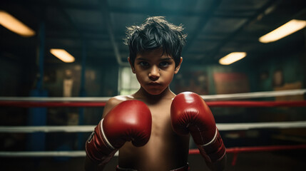 Little boy wearing boxing gloves standing in ring