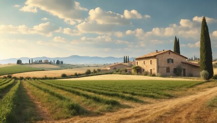 A panoramic countryside landscape with a green field and blue sky
