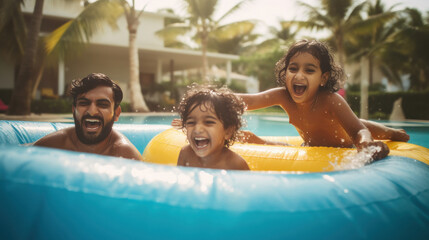 Indian man with his little child enjoying in swimming pool - Powered by Adobe