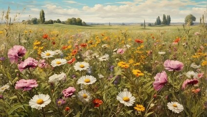 Vibrant flowering meadow under a cloudy sky

