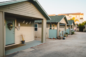 Mobile homes line the beach town street, California