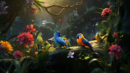 Exotic tropical rainforest, teeming with a vibrant array of flora and fauna, as exotic birds sing their melodious songs. Ai Generated.NO.04 - obrazy, fototapety, plakaty