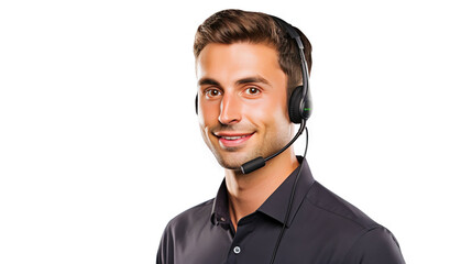 Male customer service representative in headset consulting clients online. Call center agent. Generative AI