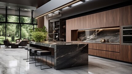 Obraz premium Modern Kitchen Featuring Stylish Wood-Looking Marble Floor in a House