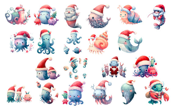 Christmas Animal cartoon set, Watercolor Sea Animal characters Christmas costume, Underwater animals in Christmas party, Hand drawn style Watercolor Sea Animal in Christmas png from AI generated.