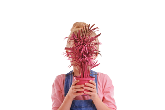 Pot, child cover face with plant and isolated on a transparent png background. Kid hiding with potted leaf, natural sustainability and cute girl gardening for ecology, earth day and floral growth