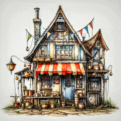 On a plain white background, an aged 19th-century circus shack, in a vintage cartoon style, showcases its worn yet colorful charm.