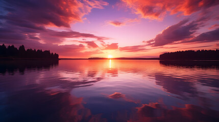 Fototapeta na wymiar Serene sunset over a calm lake, where the sky is ablaze with hues of orange and purple, reflecting on the mirrored surface. Ai Generated.NO.01