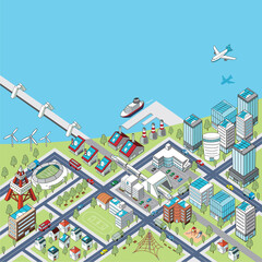 海沿いの街並みの俯瞰イラスト