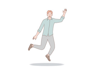 man jumping smiling and waving hand sign of success vector illustration