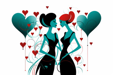LGBTQ, lesbian couple in love, valentine day background, flat style illustration, space for text
