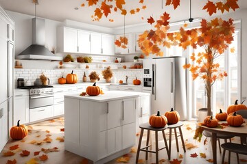 White modern kitchen decorated for fall with orange pumpkins and leaves