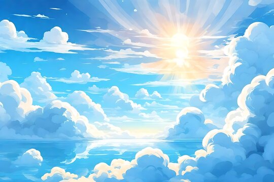 Anime cloud in blue heaven sky vector background. Summer abstract cloudy air design with gradient and sun light with reflection. Beautiful calm morning game outdoor panorama with sunshine painting 