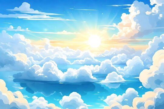 Anime cloud in blue heaven sky vector background. Summer abstract cloudy air design with gradient and sun light with reflection. Beautiful calm morning game outdoor panorama with sunshine painting 