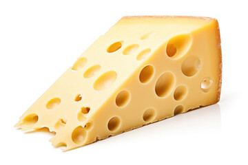 Piece of cheese with big holes in it on white background