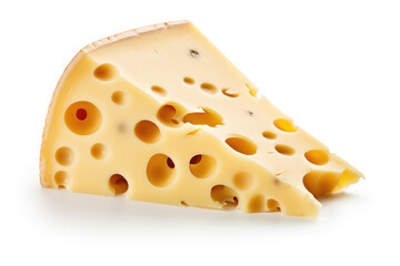 Piece of cheese with big holes in it on white background