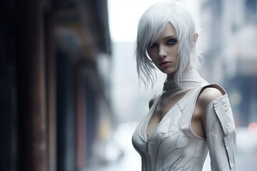 Fototapeta premium Sci-fi, fantasy, fashion and style, make-up concept. Futuristic beautiful blonde woman portrait with fancy bright futuristic clothing. Future self cyberpunk style