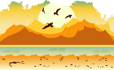Beach, sea, mountains, seagulls on the background of the sun. Landscape. Isolated background