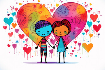 LGBTQ, lesbian couple in love, colourful valentine day background, flat style illustration, space for text