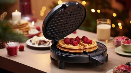 Close up of waffles baked on waffle maker iron machine. Generative AI