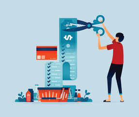 illustration of men cut money with scissors metaphor of cutting back on shopping expenses and monthly bills. shopping discounts and price cuts. Can be used for posters, banners, websites