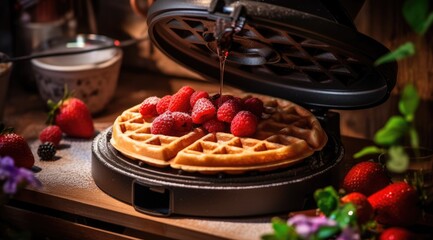Close up of waffles baked on waffle maker iron machine. Generative AI