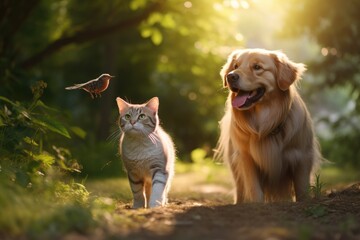 Furry friends cat and dog walking. Generative AI - obrazy, fototapety, plakaty