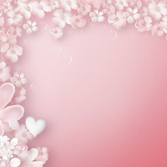 Pink background with hearts and flowers, Valentine’s day imagery space for text