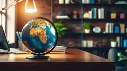 Globe model on wooden desk. Generative AI