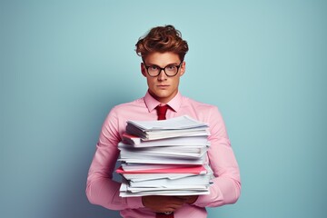 Portrait of businessman with stacks of paperwork, young man with bunch of papers. Overworked employee