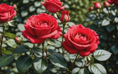Obraz premium Beautiful red roses in summer garden close up buds of red roses on background of greenery flower garden in botanical garden copy space