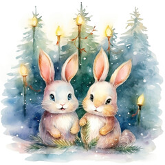 Watercolor Painting Cute Rabbits Christmas Trees