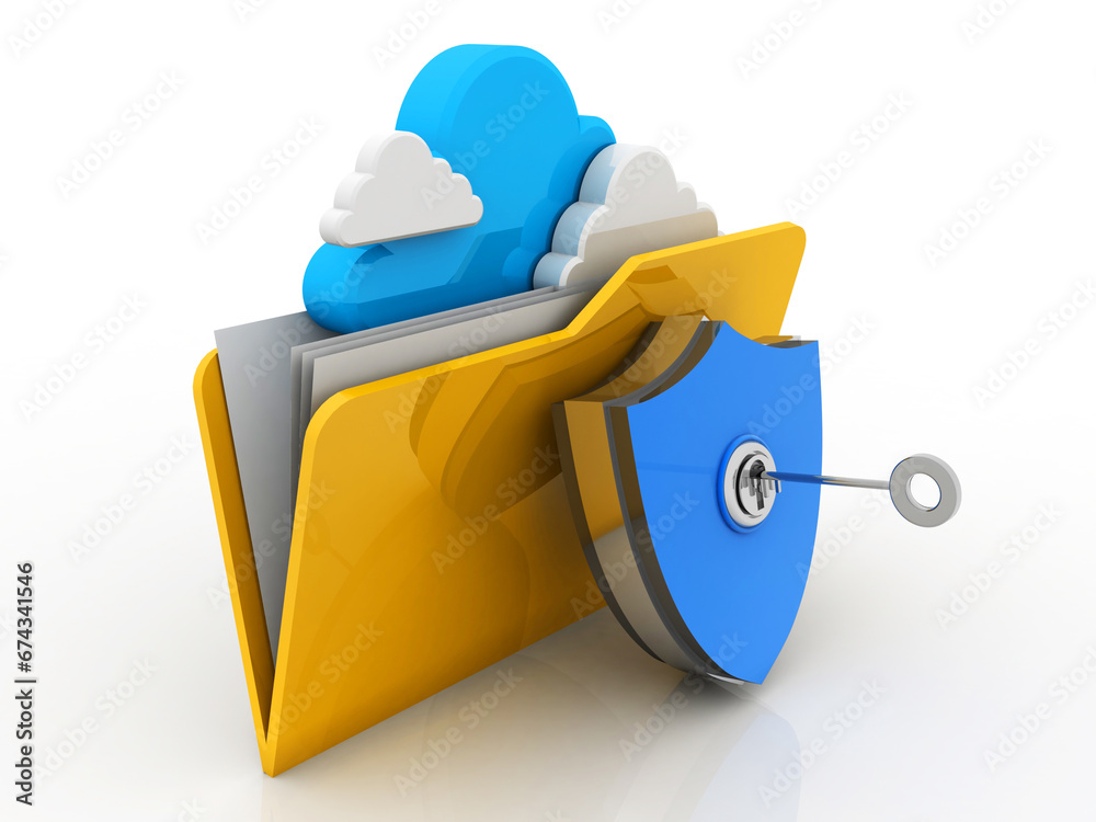 Poster 3d rendering cloud folder storage protected shield